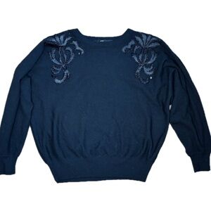 Vintage Oleg Cassini Black Beaded Sweater Size Small Goth Dark Romance Neutral